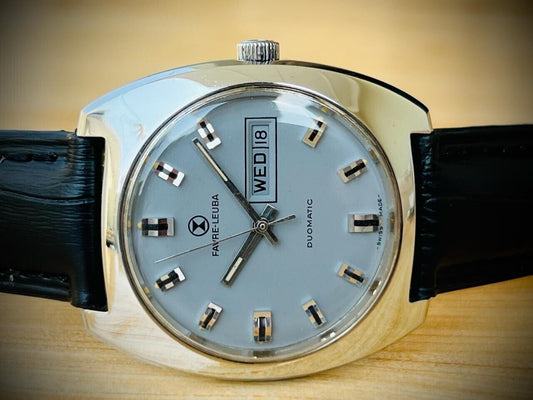 Vintage Watch Favre Leuba Duomatic Grey Dial 38mm Mens Watch, Swiss - Grab A Watch Co