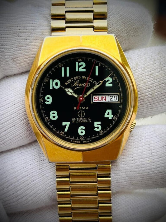 Vintage West End Black Dial Gold Plated 37mm Automatic Gents Watch Swiss,Perfect - Grab A Watch Co