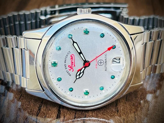 Vintage West End Emerald Stones White Dial Automatic Gents Watch 33mm, Swiss - Grab A Watch Co