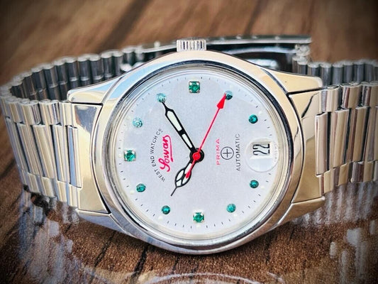 Vintage West End Emerald Stones White Dial Automatic Gents Watch 33mm, Swiss - Grab A Watch Co