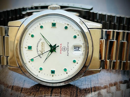 Vintage West End Emerald Stones White Dial Automatic Gents Watch 38mm, Swiss - Grab A Watch Co