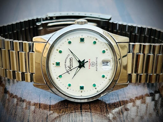Vintage West End Emerald Stones White Dial Automatic Gents Watch 38mm, Swiss - Grab A Watch Co