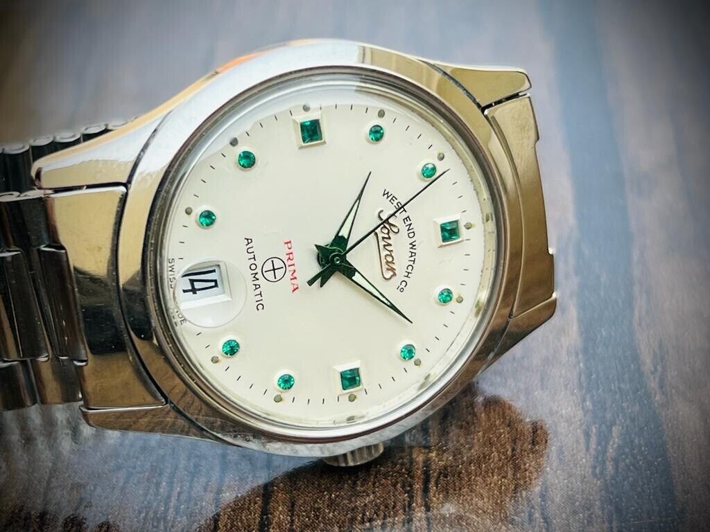 Vintage West End Emerald Stones White Dial Automatic Gents Watch 38mm, Swiss - Grab A Watch Co