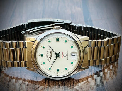 Vintage West End Emerald Stones White Dial Automatic Gents Watch 38mm, Swiss - Grab A Watch Co