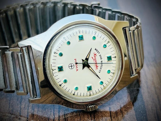 Vintage West End Emerald Stones White Dial Manual Wind Gents Watch 35mm, Swiss - Grab A Watch Co