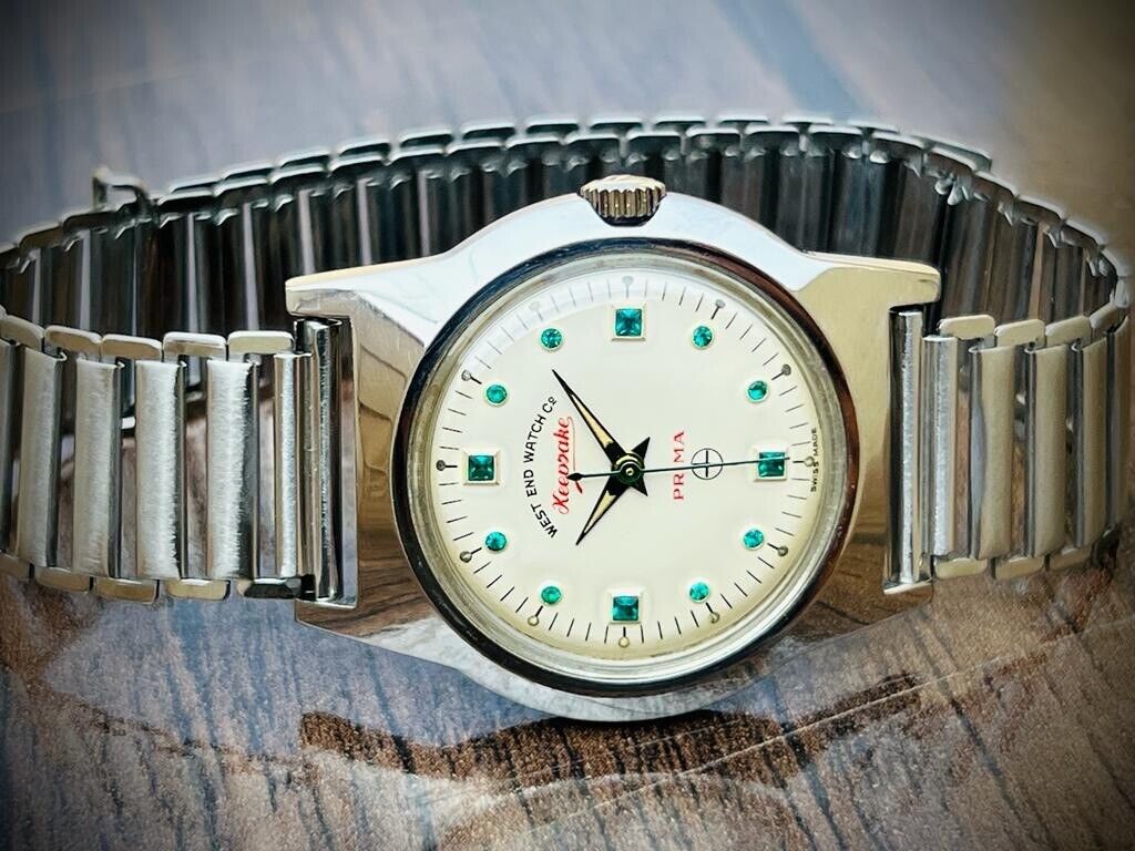 Vintage West End Emerald Stones White Dial Manual Wind Gents Watch 35mm, Swiss - Grab A Watch Co