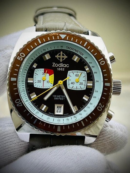 Zodiac Sea Dragon Brown Dial 100m Chronograph Quartz 43mm Mens Watch, Swiss - Grab A Watch Co